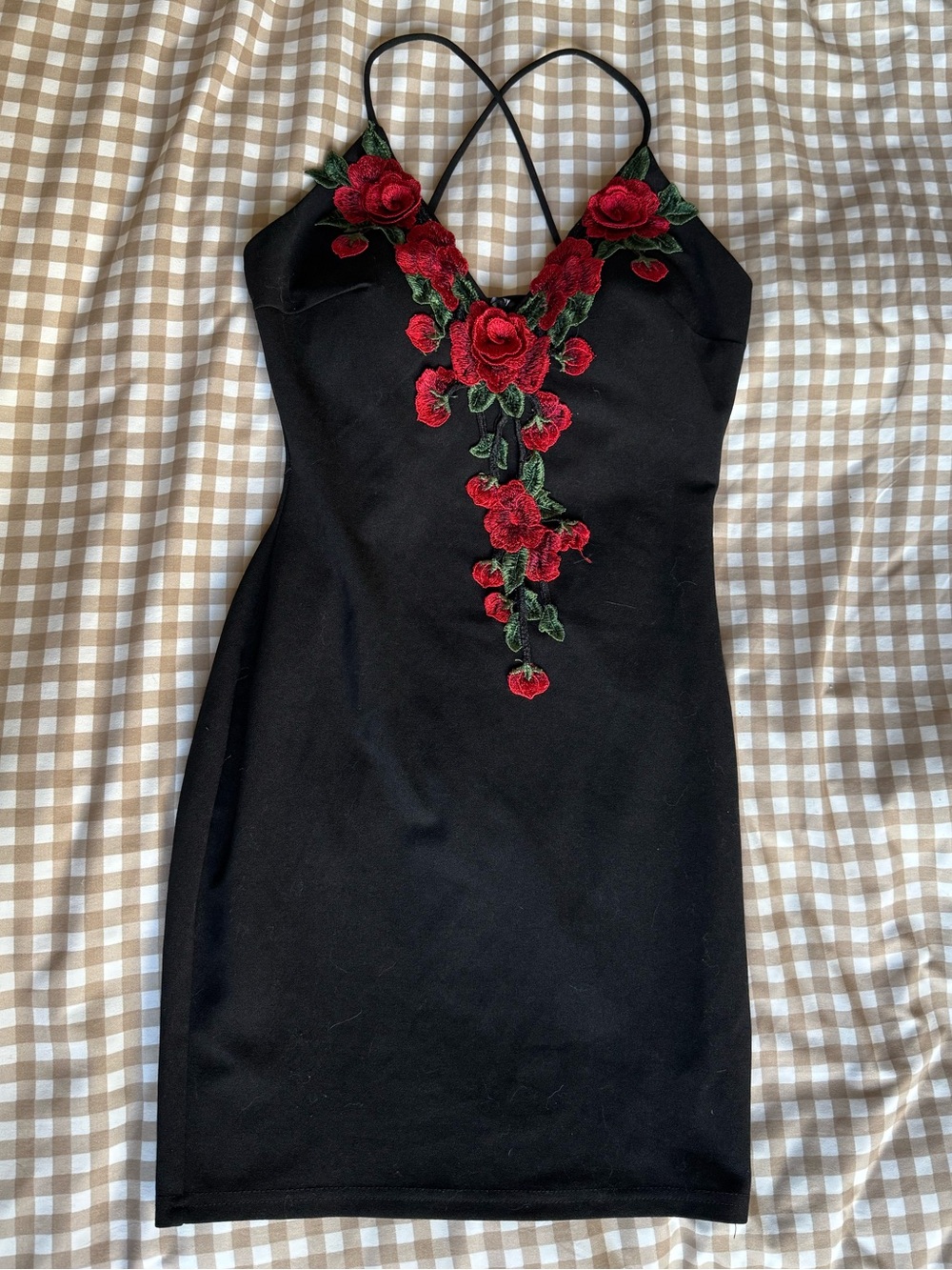 Windsor Rose Embroidered Bodycon Mini Dress Black Criss Cross Back – Size S
